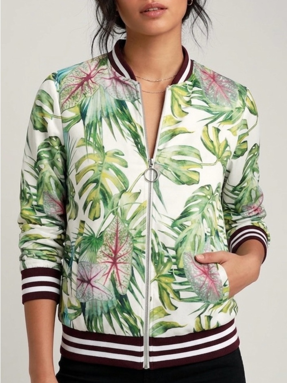 Imperial - Italian boutique fashion, Tropical Leaf Print Bomber Jacket